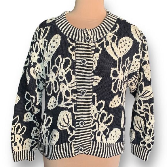 Vintage 90s Cardigan Sweater Round Neck Cropped Knit Black Dark Floral Oversized - Picture 1 of 12